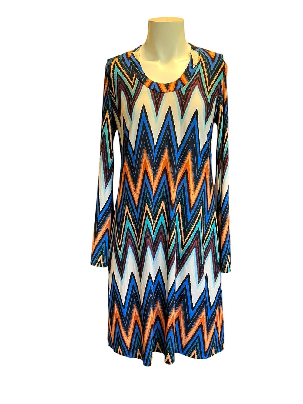Just...Taylor Chevron Zigzag Long Sleeve Dress in Blue, Orange, White